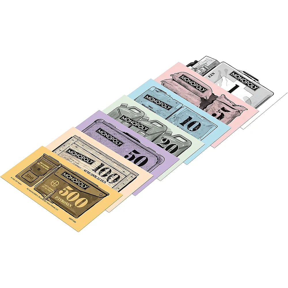Verschiedenfarbige Monopoly-Spielgeldnoten mit verschiedenen Aufdrucken und Werten.