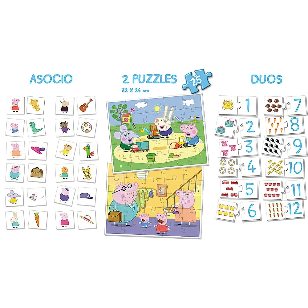Set de puzzles de Peppa Pig con juegos de asociación y tarjetas.