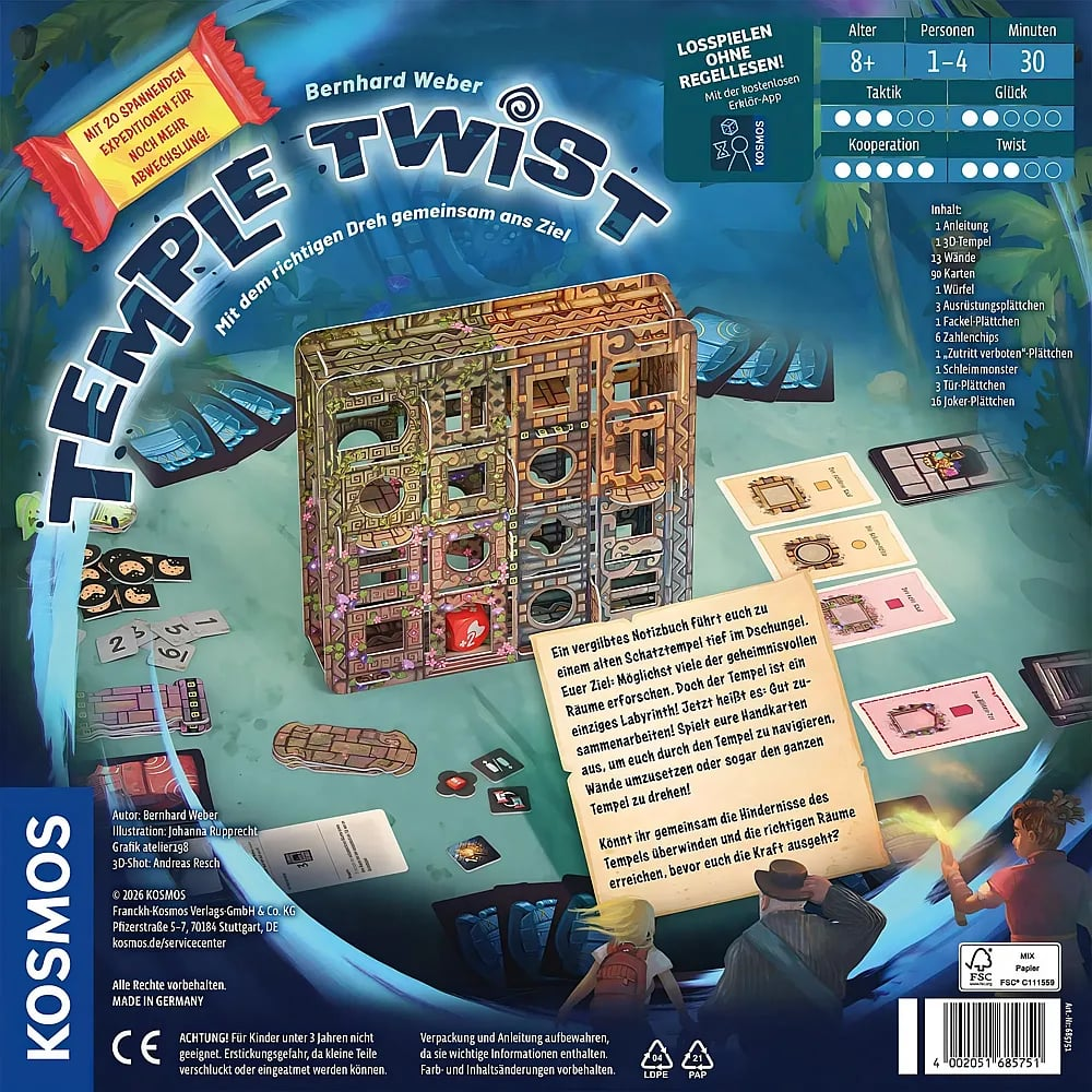 Rückseite der Spieleverpackung von Temple Twist mit 3D-Tempel, Karten, Spielregeln und Abenteurern im Dschungel.