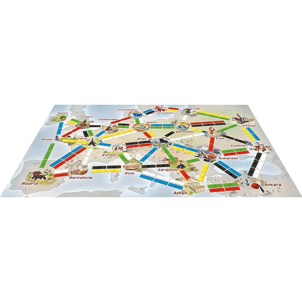 Ein buntes Europa-Spielbrett mit farbigen Routen und Städtenamen.