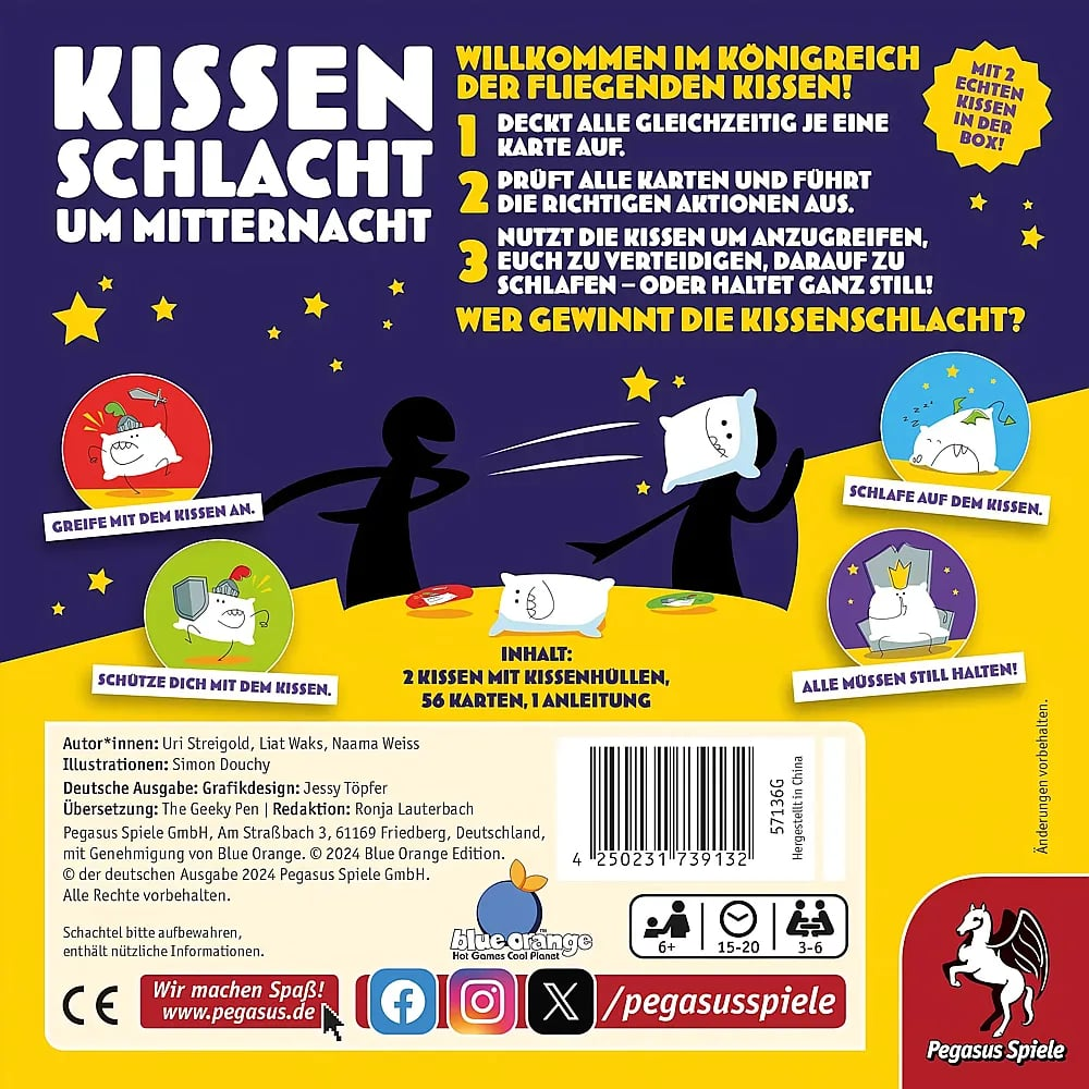 Rückseite des Brettspiels Kissenschlacht um Mitternacht mit Spielregeln, Illustrationen und Inhaltsangabe.