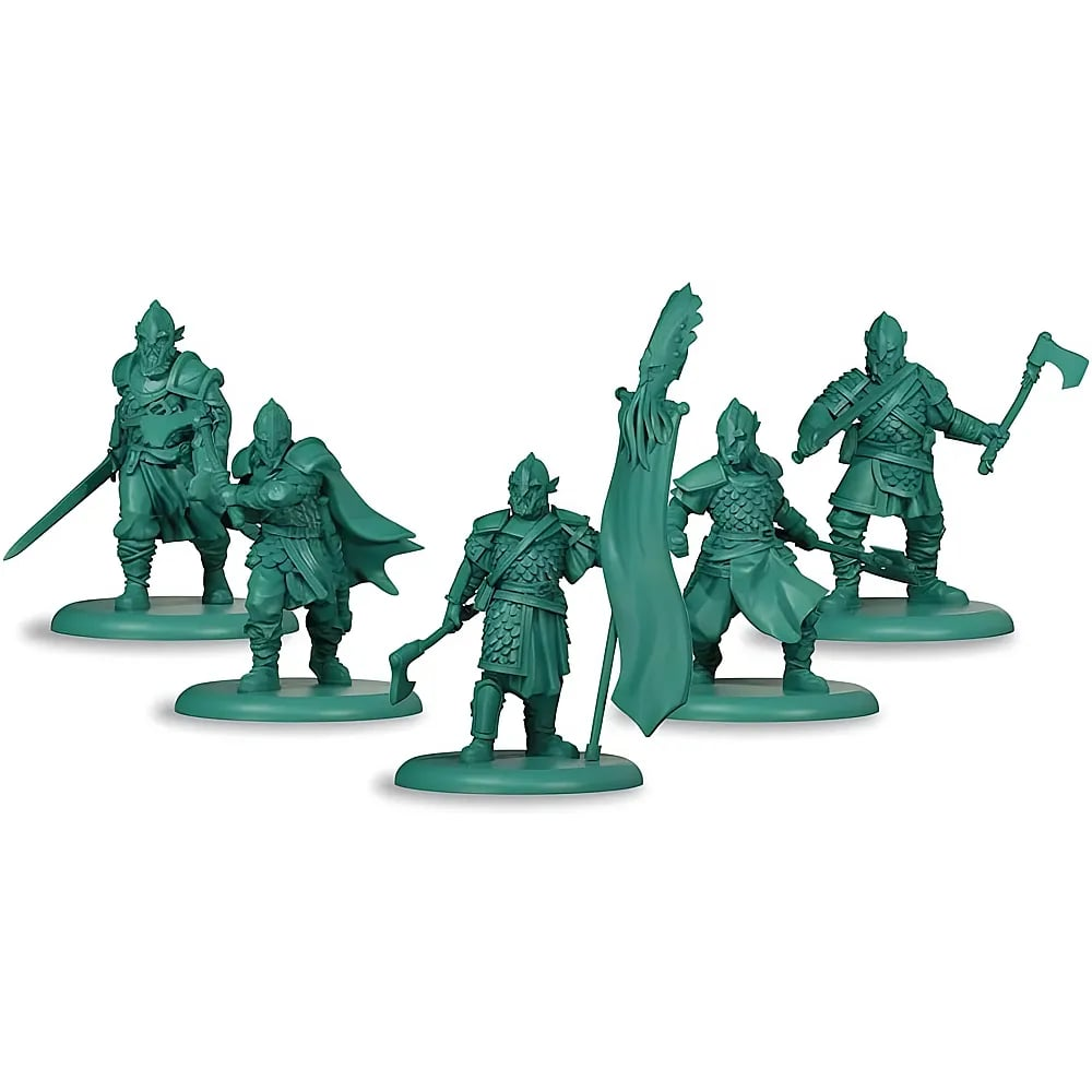 Grüne Plastikminiaturen von Fantasy-Kriegern in Rüstung mit Waffen und einer Standarte auf runden Basen.
