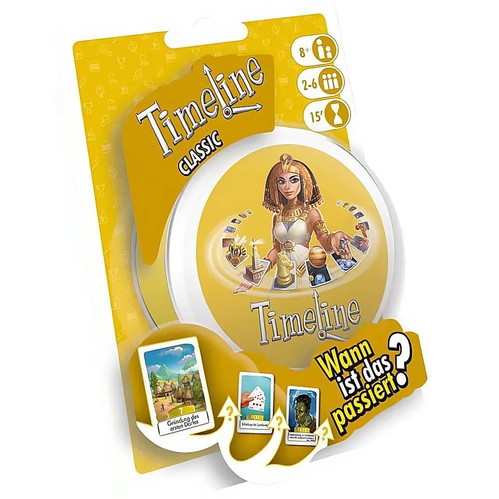 Emballage jaune du jeu de cartes Timeline Classic avec un personnage historique et des cartes.