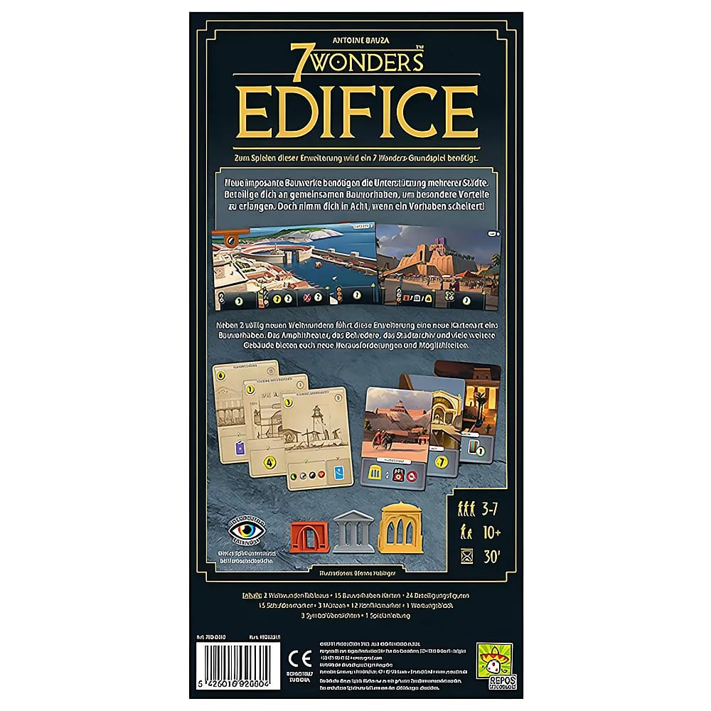 Rückseite der Spieleverpackung 7 Wonders Edifice in dunkelblauen Farben mit Text und Bildausschnitten.