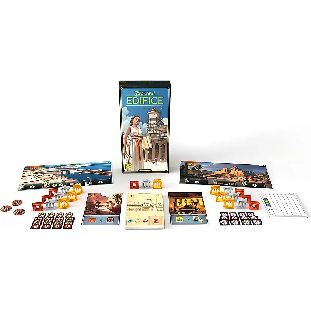 7 Wonders Edifice Brettspiel Schachtel, Karten, Marker und bunte Bauwerk-Miniaturen auf weißem Hintergrund.