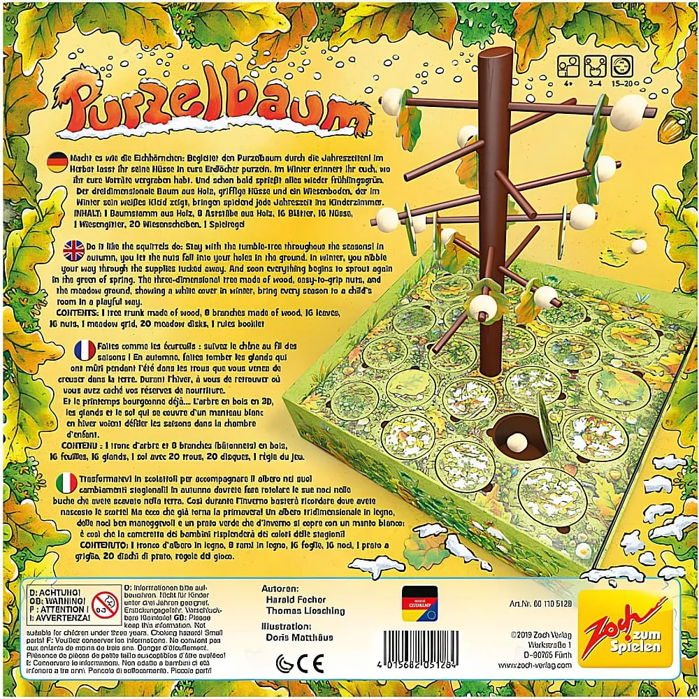 Brettspielverpackung von Purzelbaum mit einem Holzturm, Blättern und Eichhörnchenmotiven.