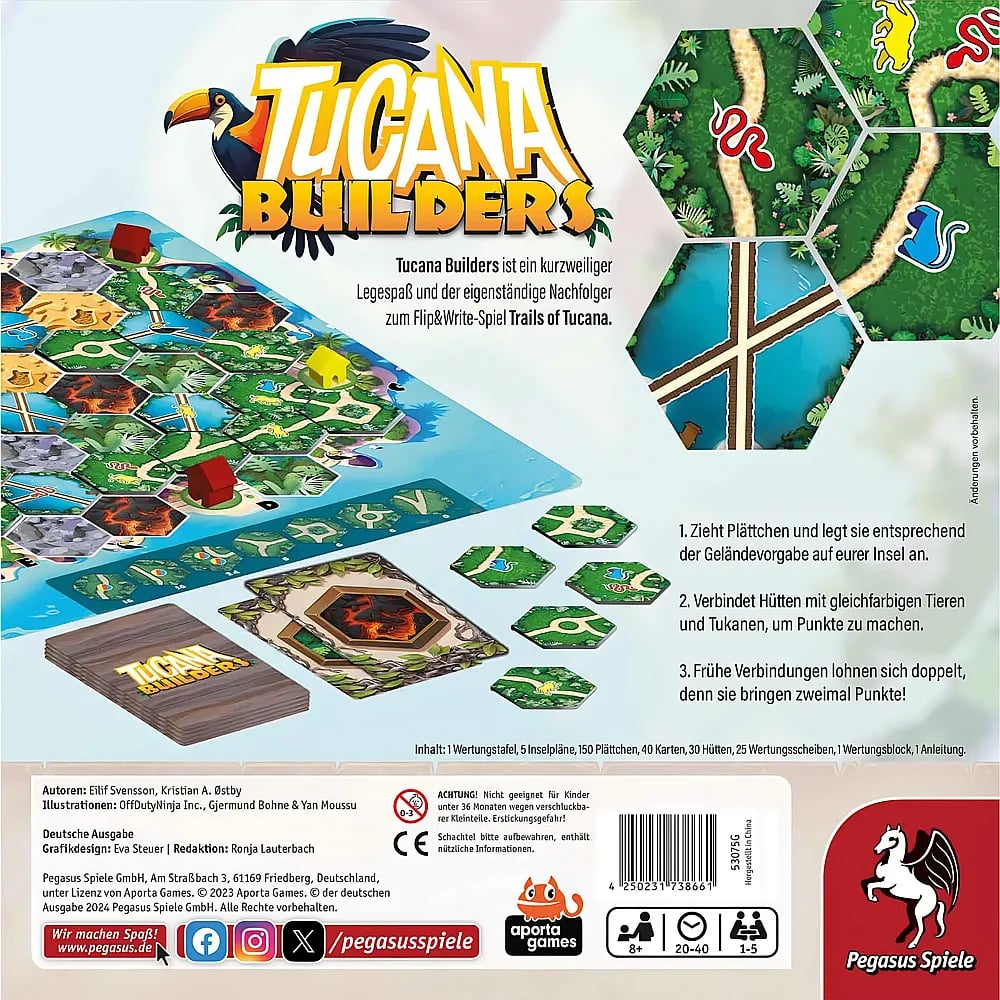 Rückseite der Spieleverpackung von Tucana Builders mit Spielteilen, Anleitung und Informationen.