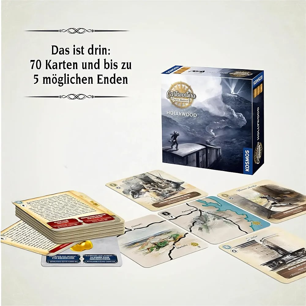 Das Kartenspiel Hollywood mit Schachtel und ausgebreiteten Spielkarten auf hellem Hintergrund.