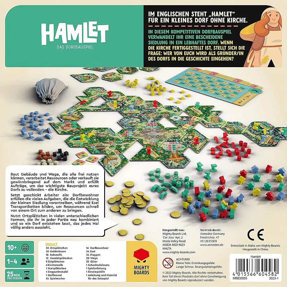 Das Hamlet-Brettspiel zeigt ineinandergreifende Kacheln, Holzmännchen, Münzen, Ressourcen und eine Wertungstafel.