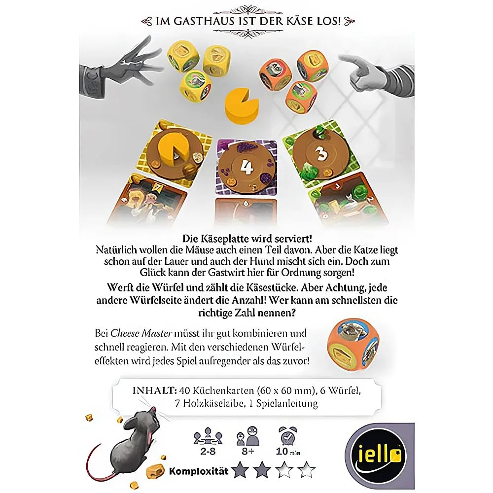 Brettspiel-Inhalt mit Karten, bunten Würfeln, Holzkäse und einer grauen Maus.