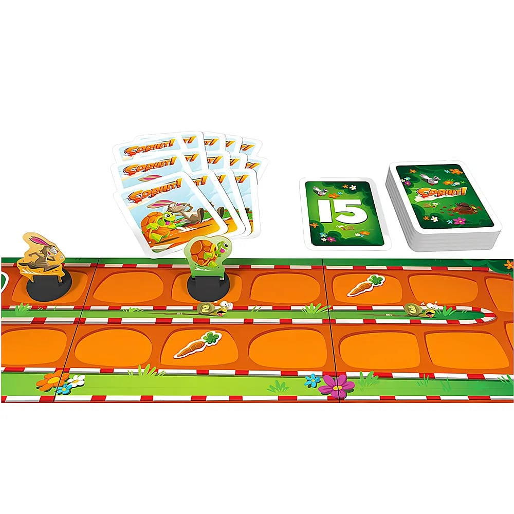 Ein Brettspiel mit orangen Feldern, Spielkarten, einem Hasen- und Schildkröten-Figuren auf einer Rennstrecke.