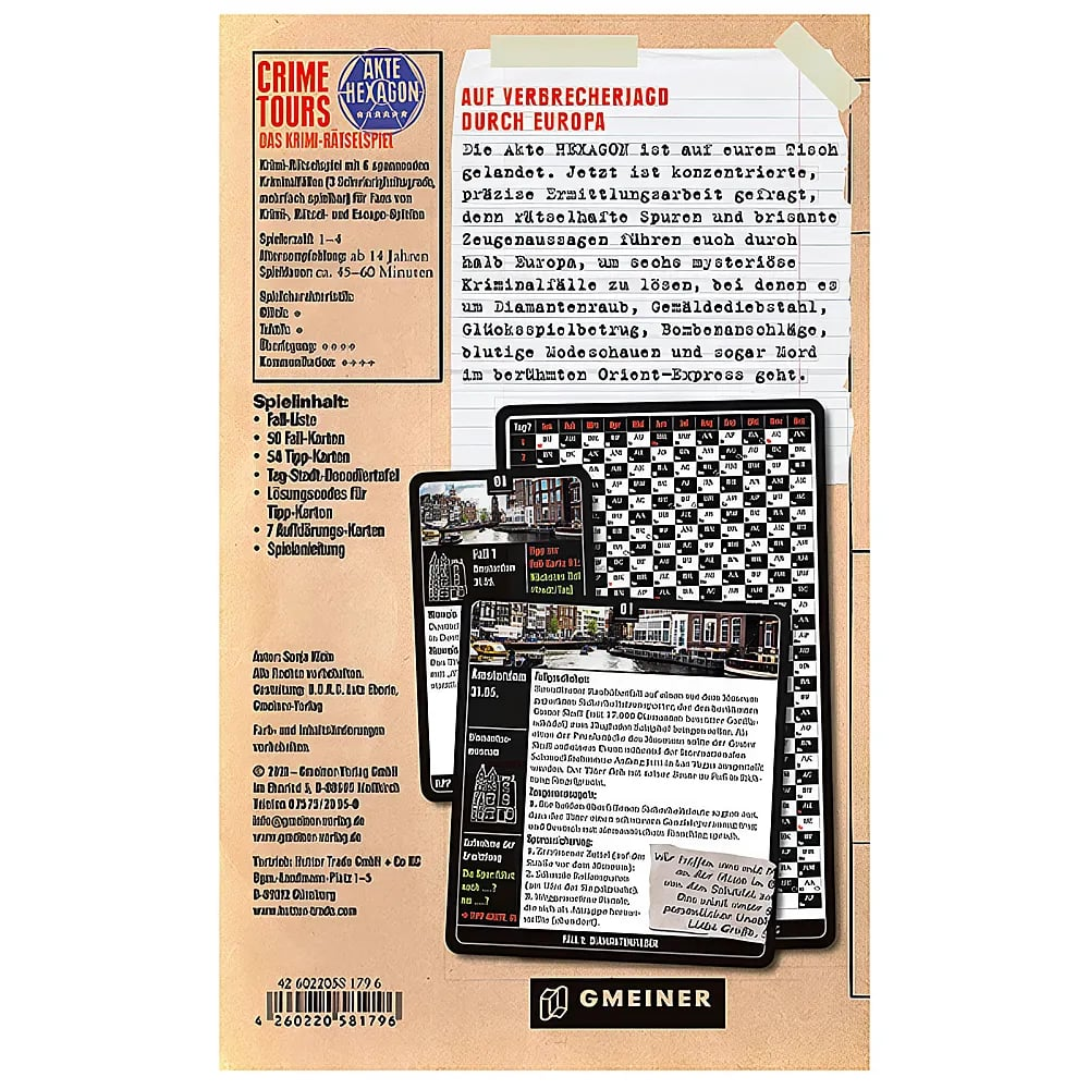 Dos d'une boîte de jeu d'enquête avec du texte, des cartes à jouer et des notes sur papier brun.
