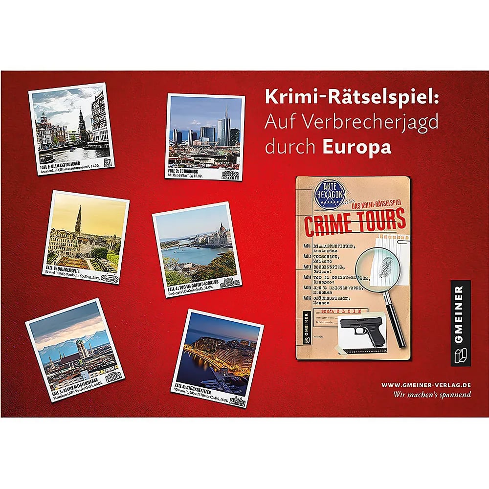 Un jeu d'enquête sur fond rouge avec six photos de villes européennes et un dossier avec loupe.