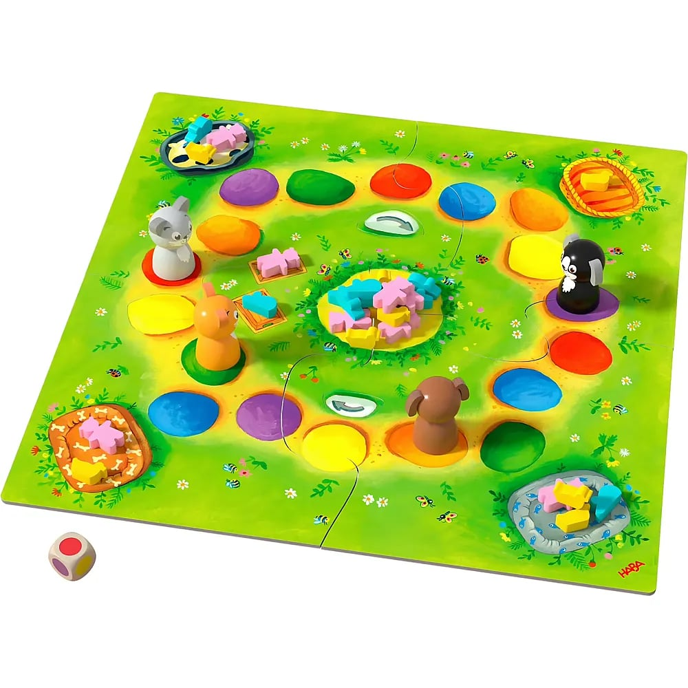 Buntes Kinderspielbrett mit Tiermarken und bunten Feldern.