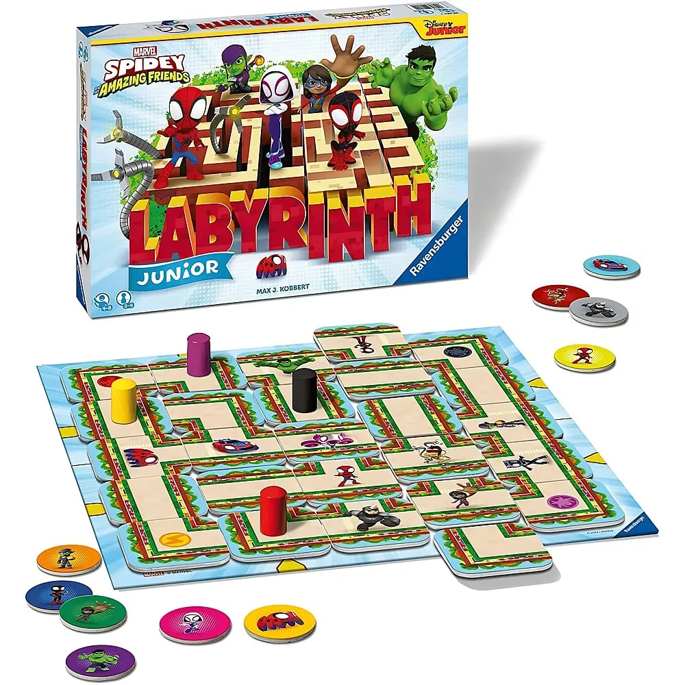 Juego de mesa Labyrinth Junior de Ravensburger con personajes de Marvel Spidey y fichas de colores.