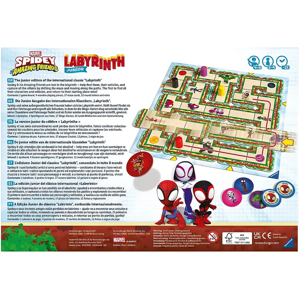 Parte trasera de la caja de Marvel Spidey Labyrinth Junior con tablero, figuras y descripciones.