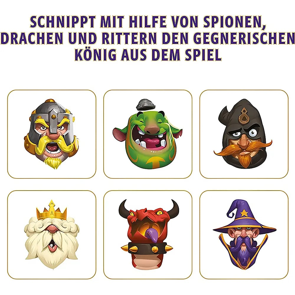 Sechs illustrierte Fantasy-Charaktere in Kacheln mit deutschem Text oben.