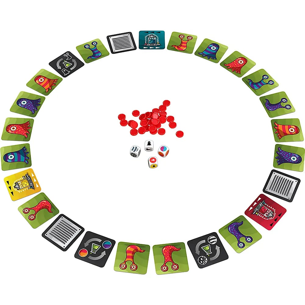 Ein Brettspiel im Kreis angeordnet mit bunten Monsterkarten, roten Spielmarken und kleinen Würfeln.