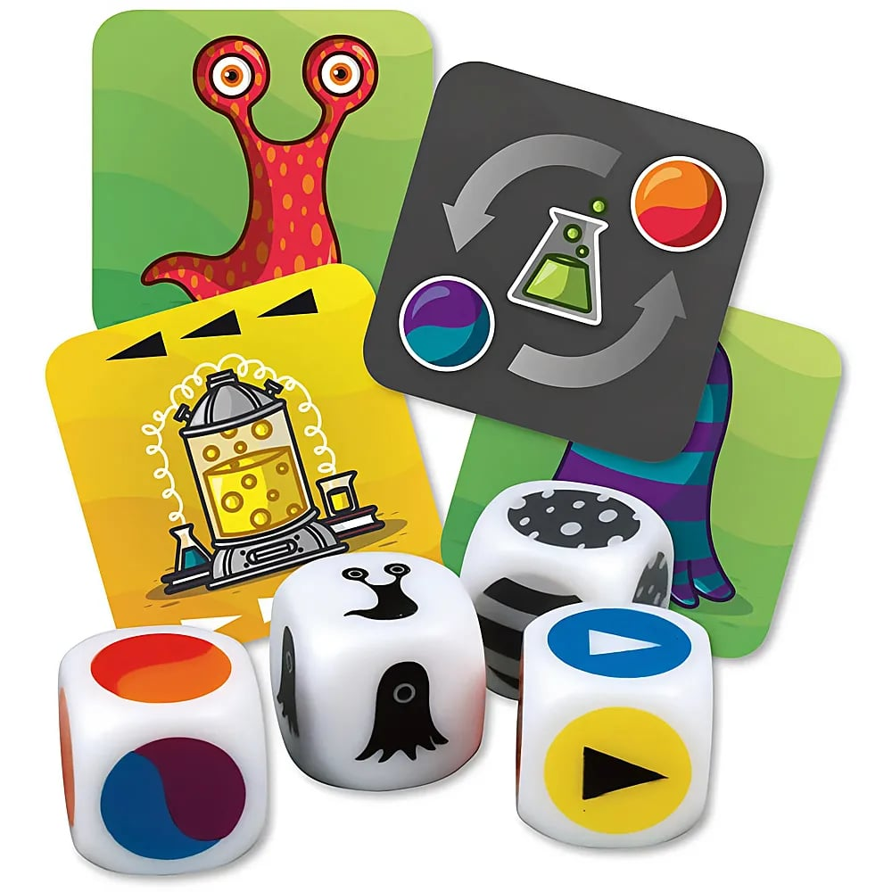 Bunt gemischte Brettspielkarten mit Charakteren, Reagenzgläsern und bunten Würfeln.