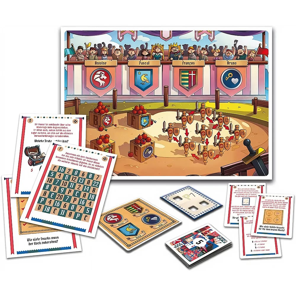 Un gioco da tavolo medievale con tabellone dell'arena, carte indovinello e segnalini.