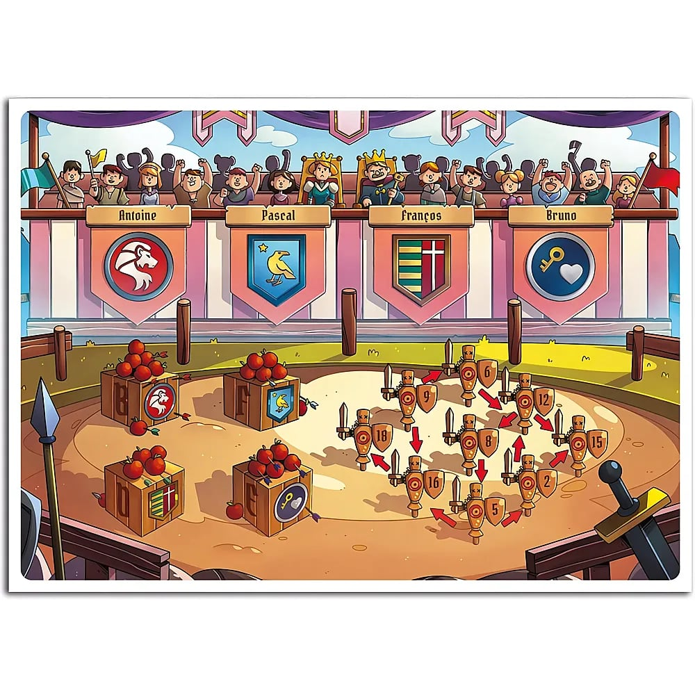 Arena illustrata con quattro stemmi per Antoine, Pascal, François e Bruno, scatole di legno e bersagli numerati.