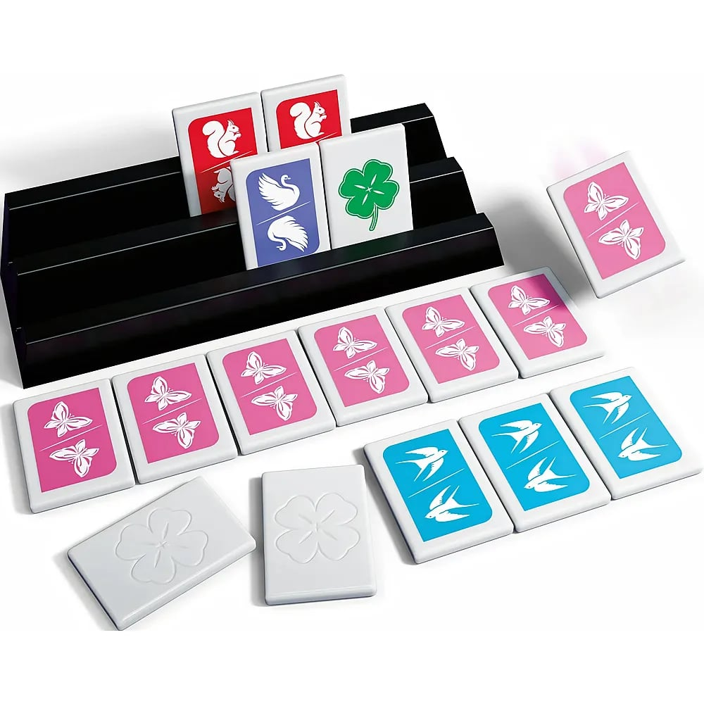 Un jeu de société avec des tuiles colorées représentant des animaux et des plantes sur fond blanc.
