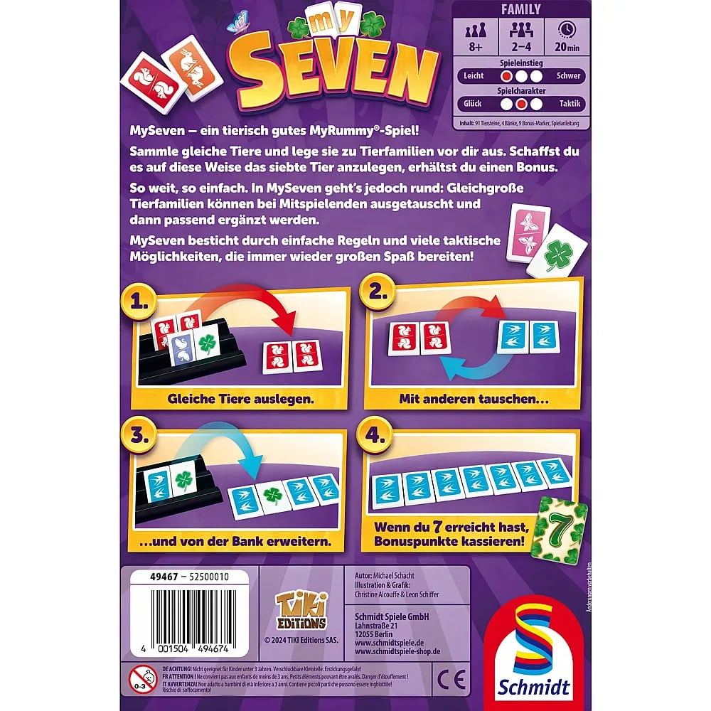 Dos de la boîte de jeu MySeven avec règles, illustrations et détails sur fond violet.