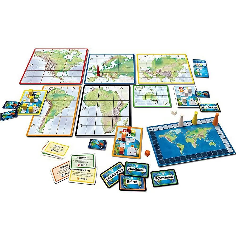 Ein ausgebreitetes Geographie-Brettspiel mit Kontinentkarten, Kartenstapeln, Markern und kleinen Spielfiguren.