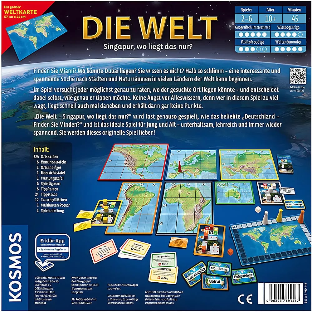Rückseite der Brettspielverpackung 'Die Welt', die Karten, Spielfiguren und eine Weltkarte aus dem All zeigt.
