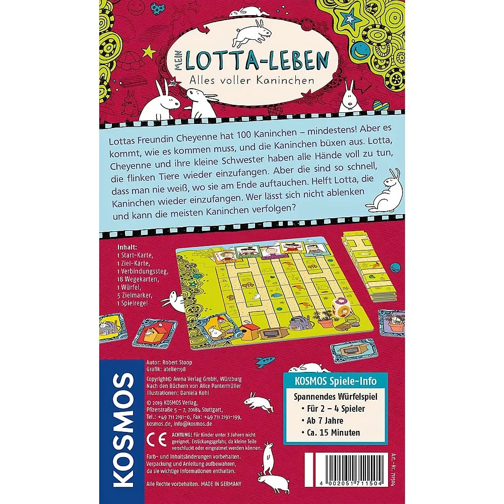 Rückseite des Brettspiels Mein Lotta-Leben mit Spielbeschreibung, Inhalt und bunten Illustrationen.