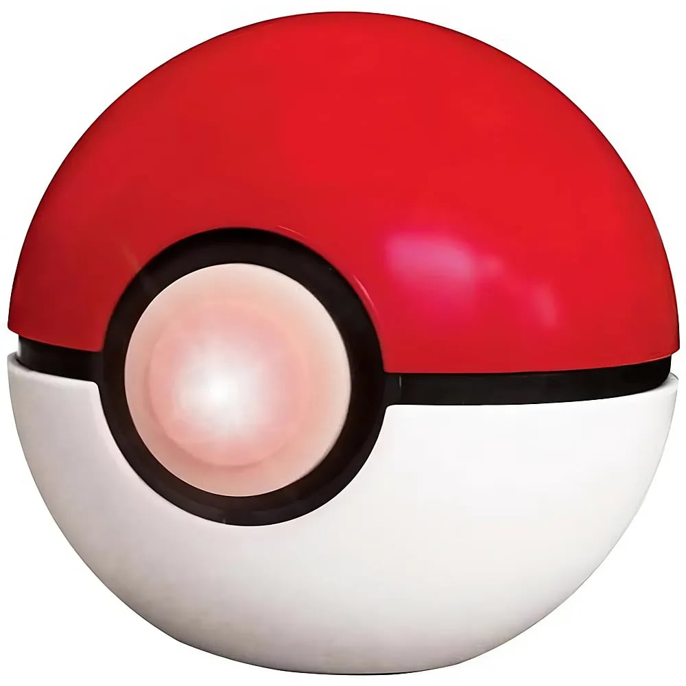 Ein geschlossener rot-weißer Pokéball mit einem leuchtenden runden Knopf in der Mitte.