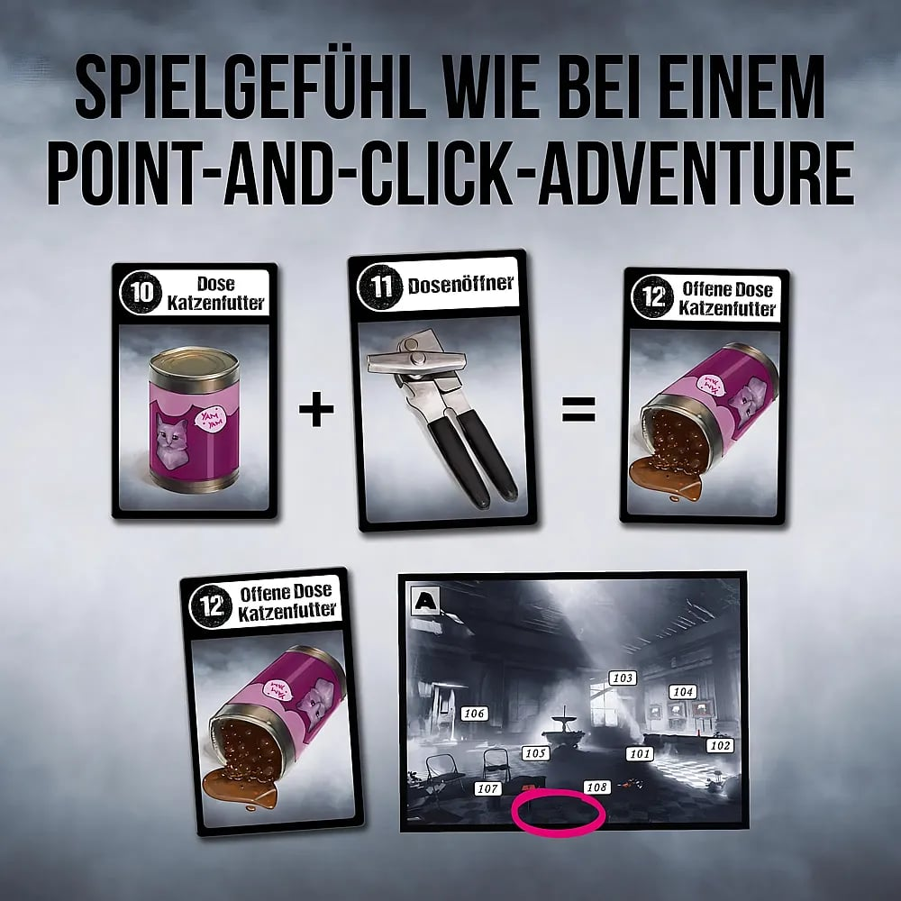 Spielkarten zeigen Gegenstände wie Katzenfutter und Dosenöffner, kombiniert wie in einem Point-and-Click-Spiel.