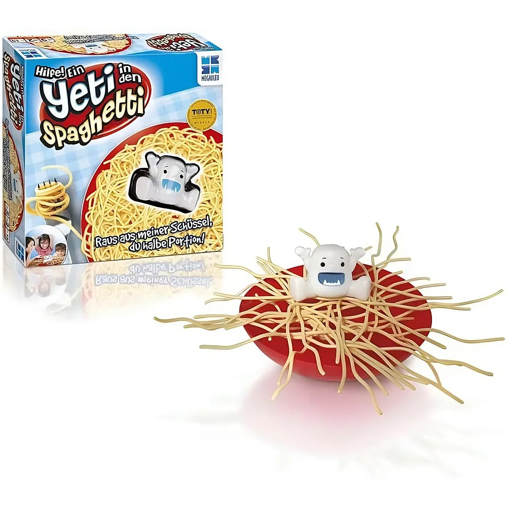 Un jeu pour enfants Yeti Spaghetti avec un bol rouge rempli de spaghetti et une petite figurine de Yeti blanche.