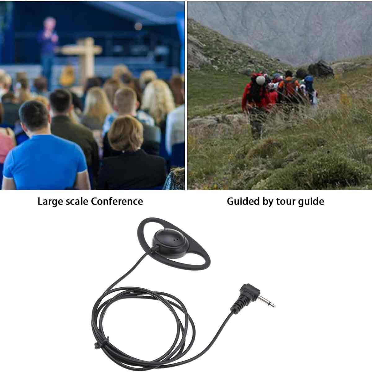 Ein schwarzer Kopfhörer mit Kabel und Stecker, kombiniert mit Bildern einer Konferenz und einer Wanderung.