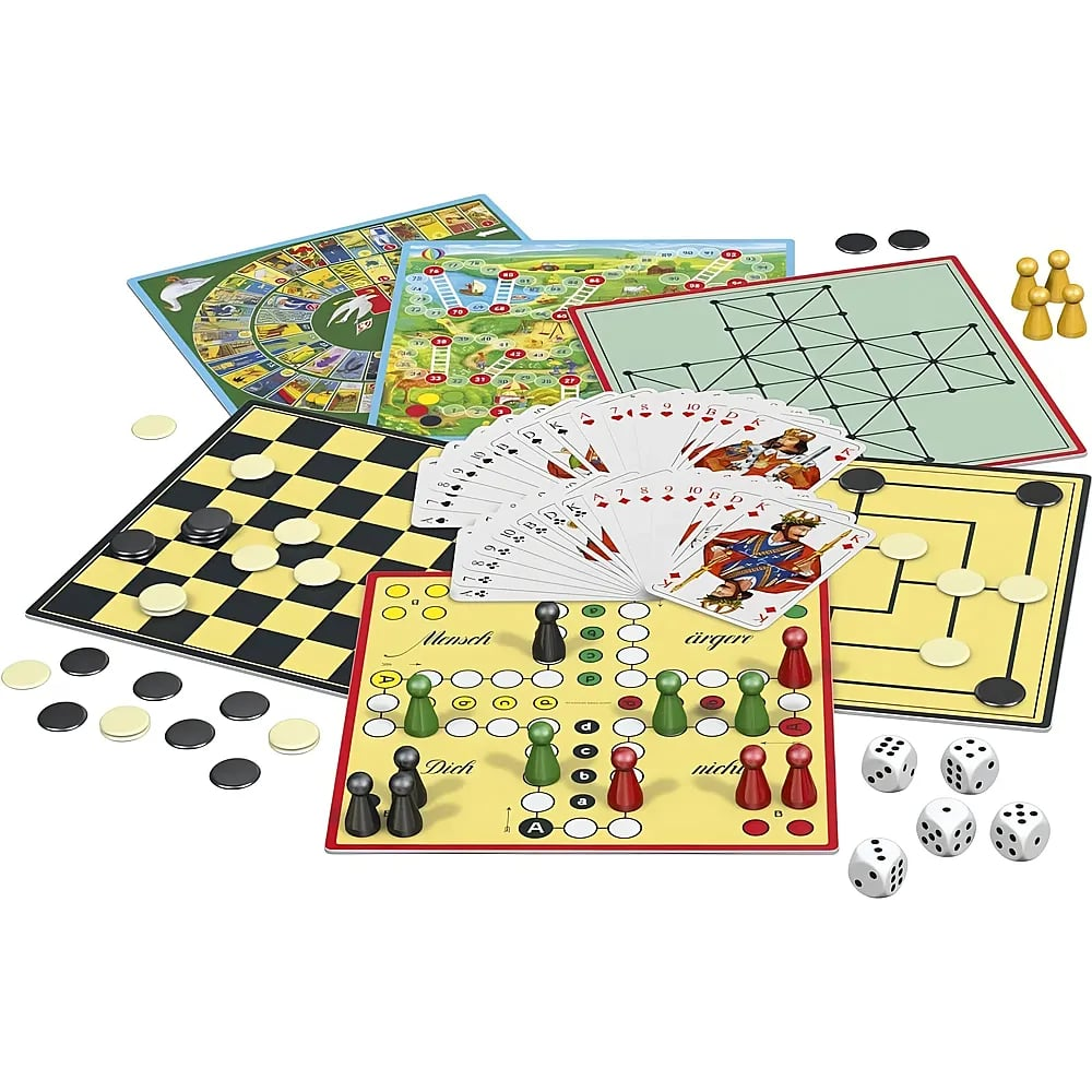 Verschiedene bunte Gesellschaftsspiele, Karten, Würfel und Spielsteine liegen auf einem Tisch ausgebreitet.
