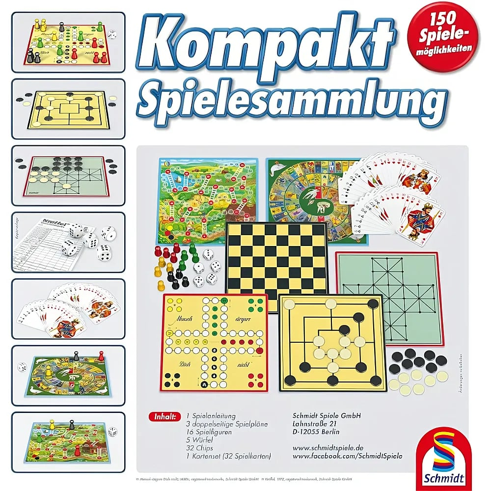 Kompakte Spielesammlung mit verschiedenen Brett-, Karten- und Würfelspielen auf weißem Hintergrund.