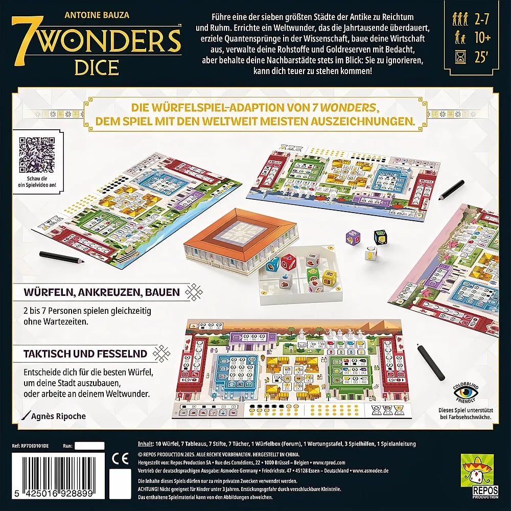 Die Rückseite der 7 Wonders Dice Brettspielbox zeigt Spielkomponenten, Aufbau und Beschreibung auf Deutsch.