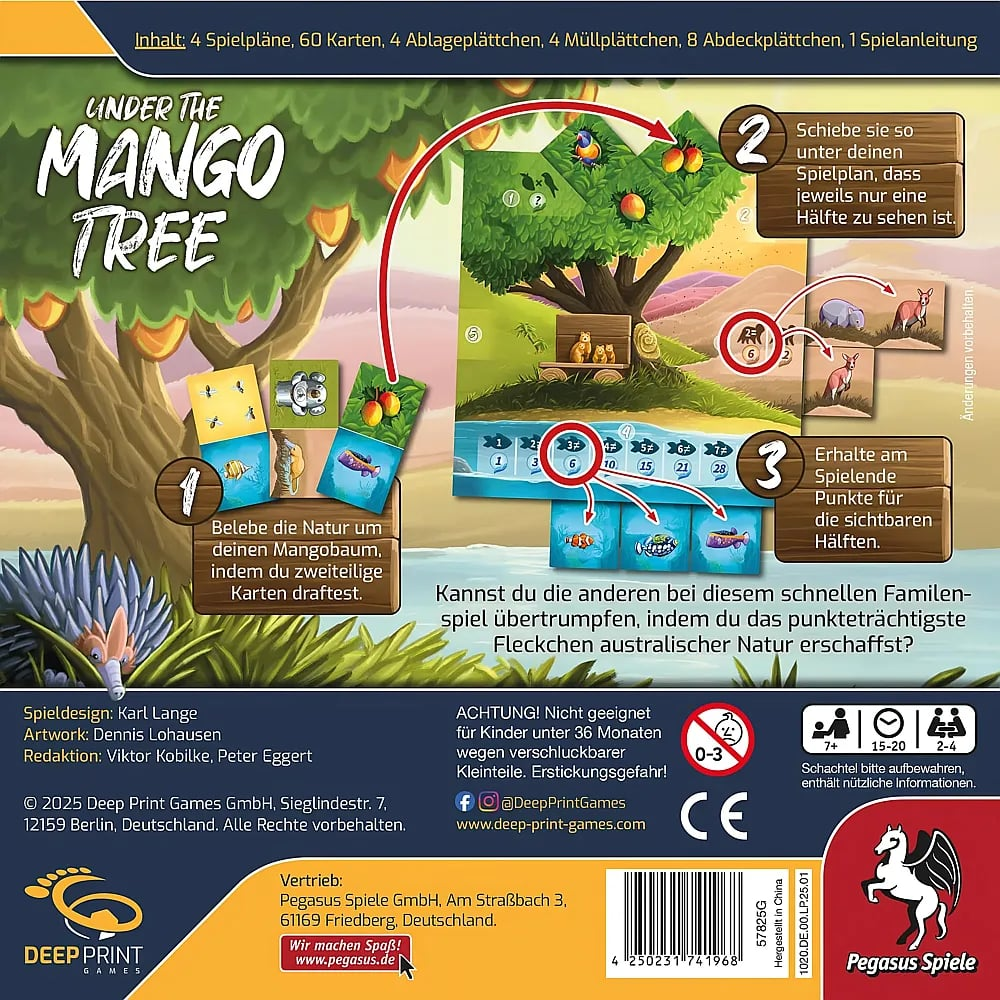 Rückseite der Brettspielverpackung von Under the Mango Tree mit Spielregeln, Illustrationen und Herstellerinfos.
