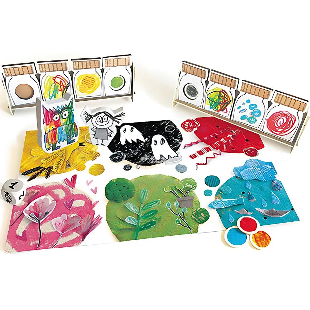 Buntes Brettspiel mit gezeichneten Figuren, Gläsern und Szenen auf weißem Hintergrund.