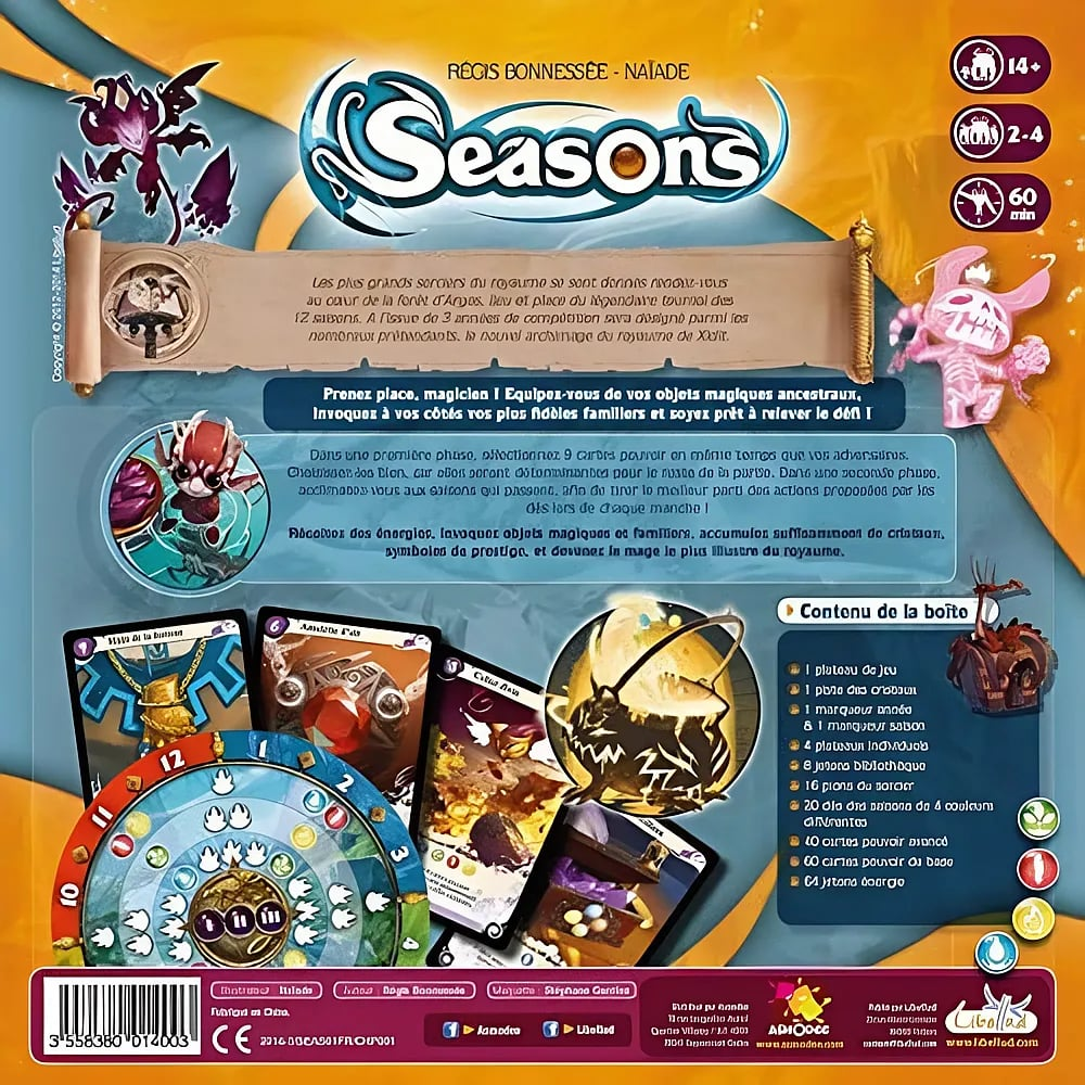 Rückseite der Seasons-Brettspielbox mit Spieledetails, Karten und Figuren.