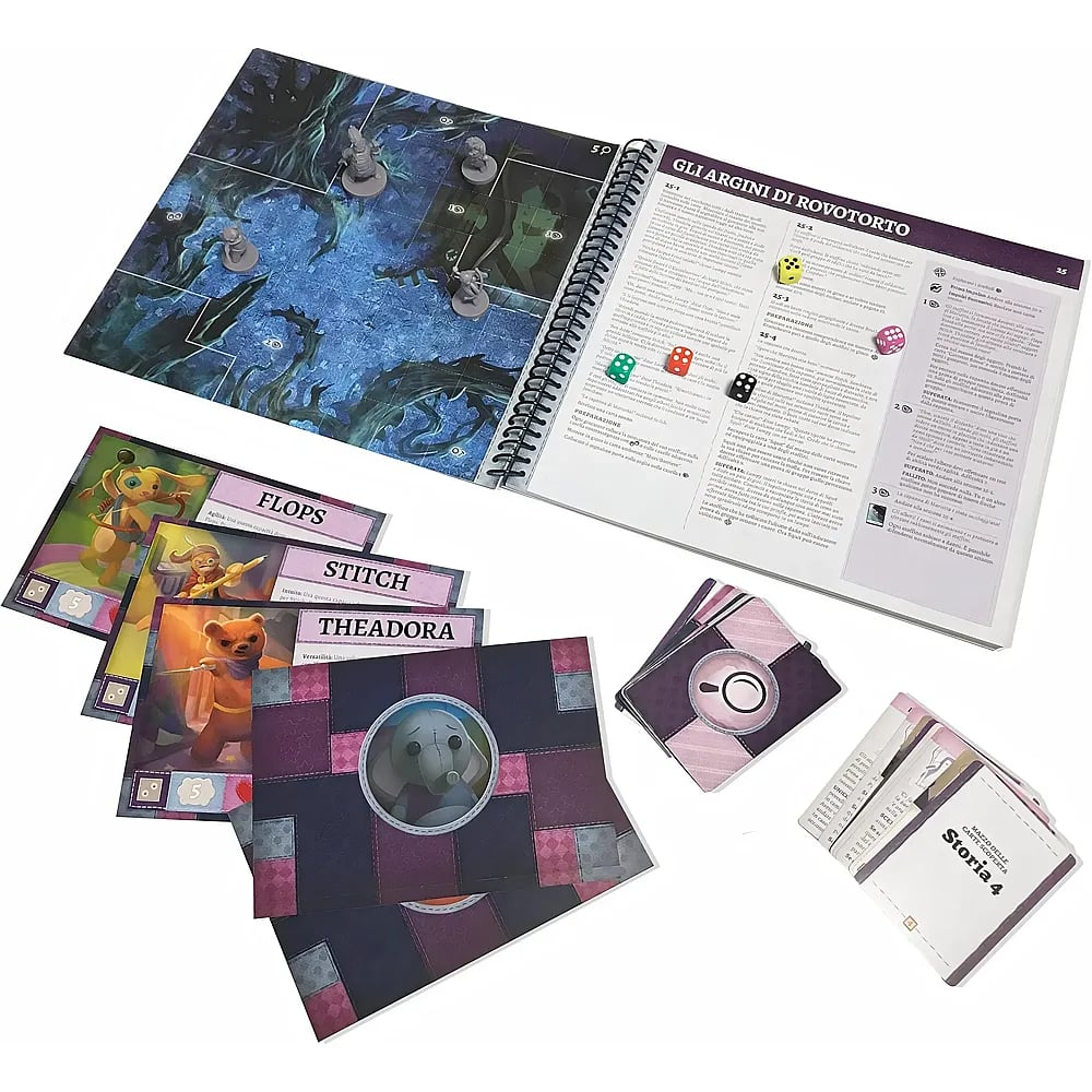 Un gioco da tavolo con regole aperte, carte, segnalini e dadi su un tavolo bianco.
