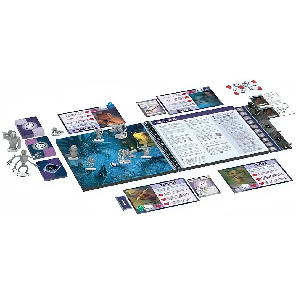 Configurazione di gioco da tavolo con regolamento a spirale aperto, miniature, carte e gettoni.