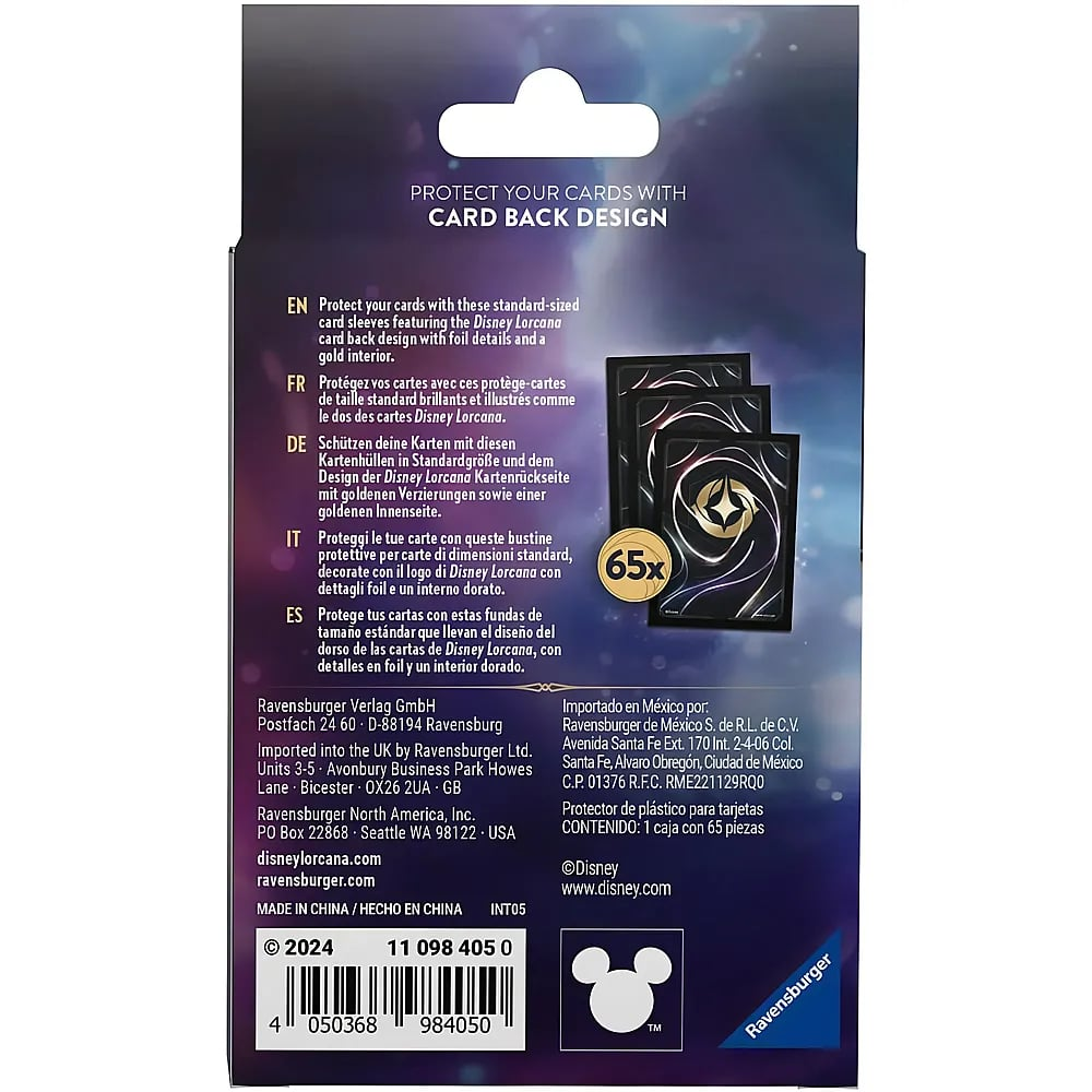 Rückseite einer Disney Lorcana Kartenhüllen-Verpackung mit mehrsprachigem Text und Barcode.