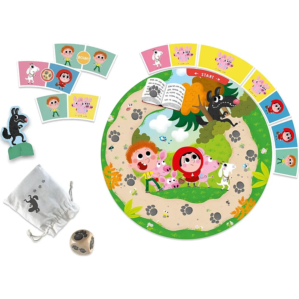 Un jeu de société coloré avec des personnages, des animaux, des pièces de chemin, un sac et un dé.