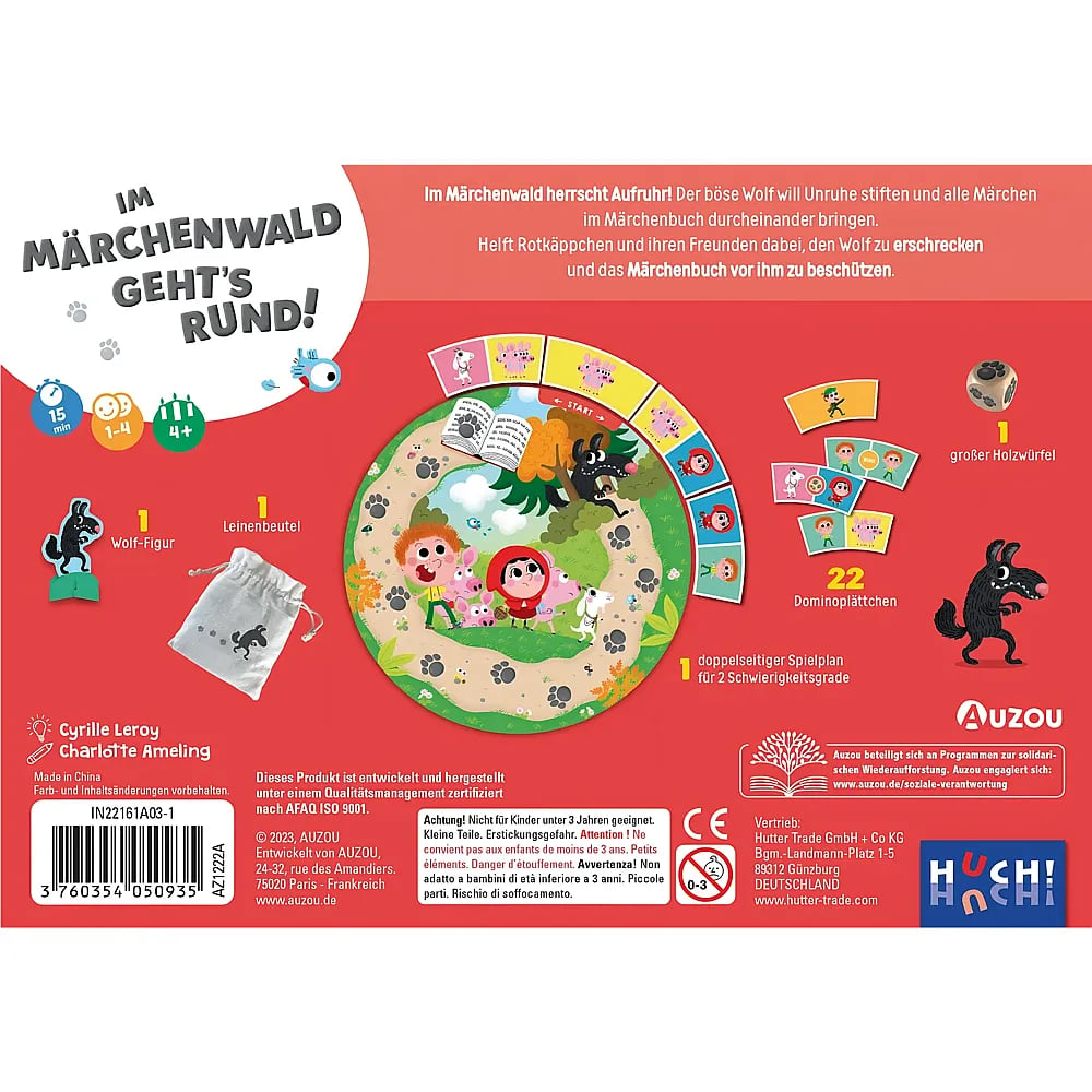 Arrière de la boîte de jeu montrant le plateau, les figurines de personnages, les dés et le matériel.