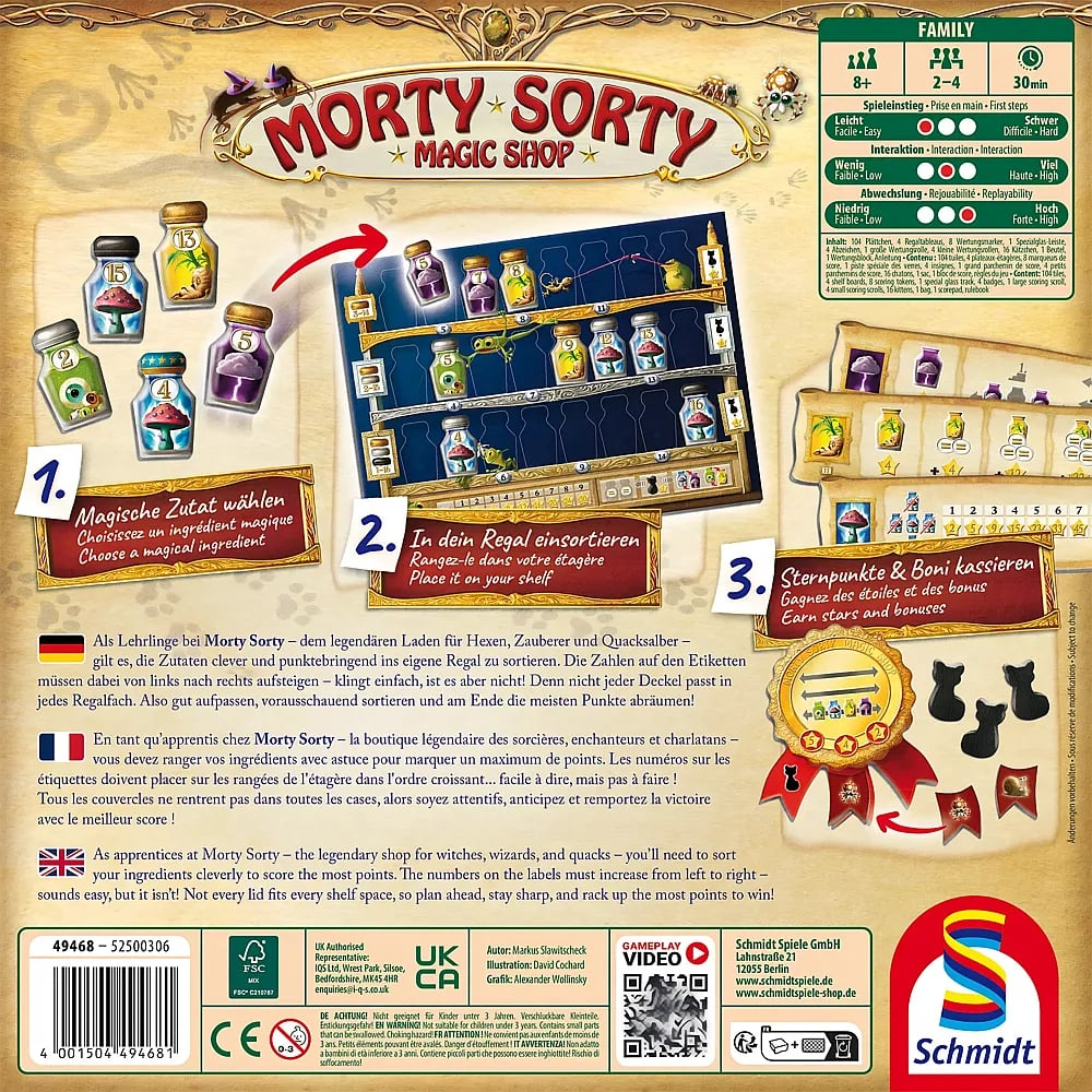 Rückseite der Spielschachtel Morty Sorty von Schmidt Spiele mit Regalen, Fläschchen und Kurzanleitung.