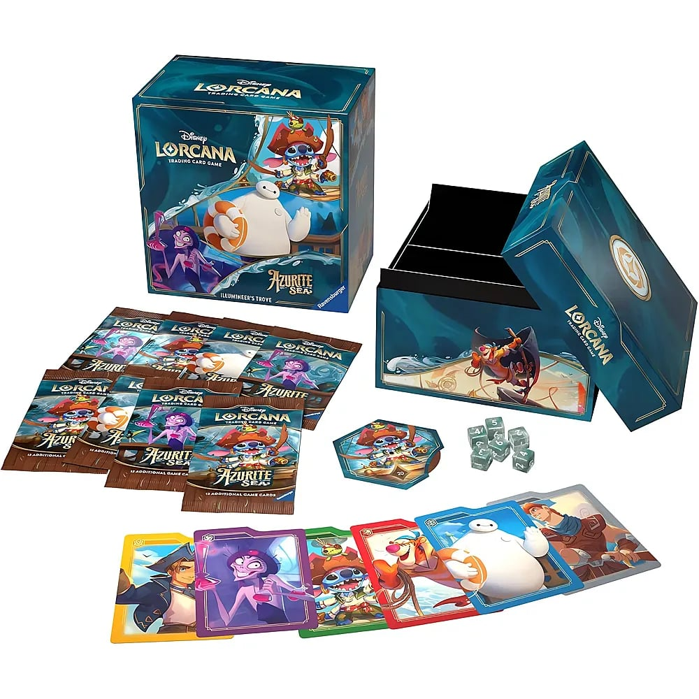 Disney Lorcana Azurite Sea Illumineer's Trove avec cartes, boosters, dés et boîte de rangement.