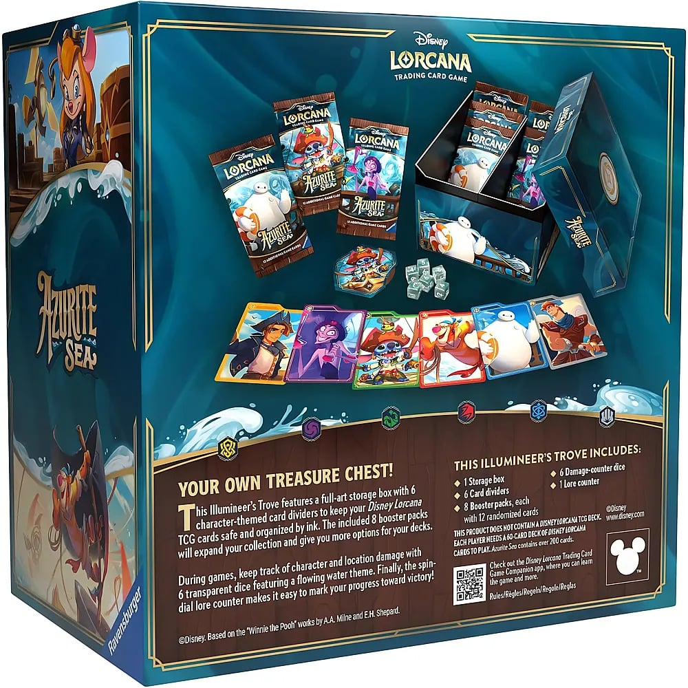 Boîte de produit Disney Lorcana Azurite Sea Illumineer's Trove montrant des boosters, des cartes, des dés et une boîte.