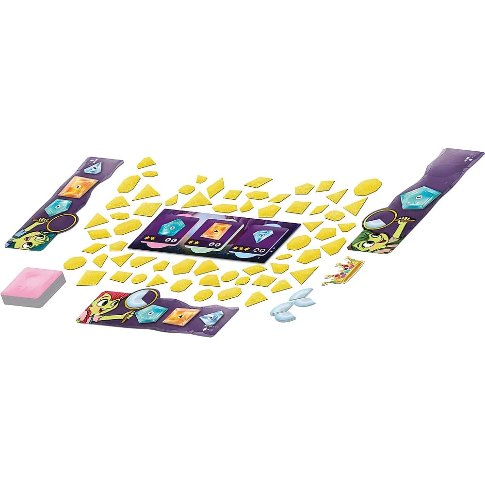 Brettspiel mit gelben und blauen Juwelen, Karten und Spielertafeln auf weißem Hintergrund.