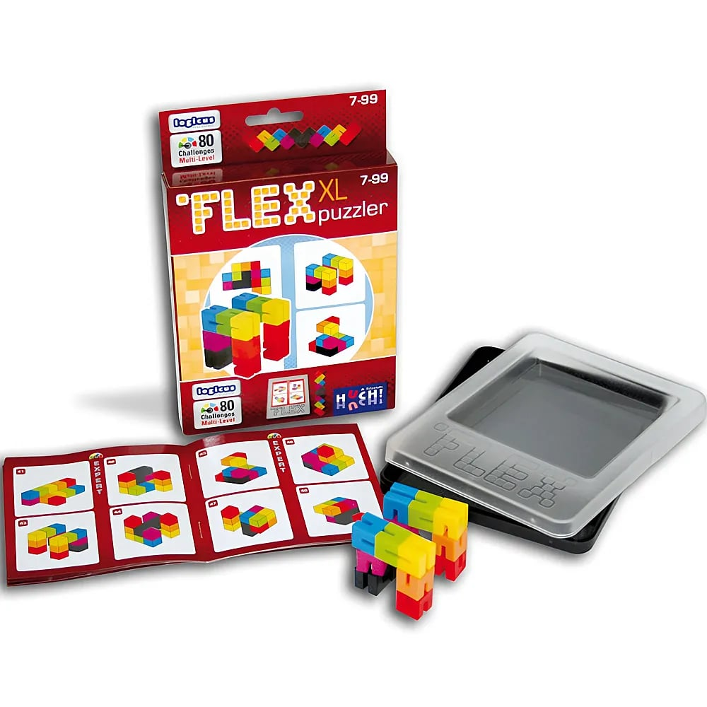 Boîte de jeu Flexpuzzler XL avec puzzles de blocs colorés, livret et étui noir avec couvercle transparent.